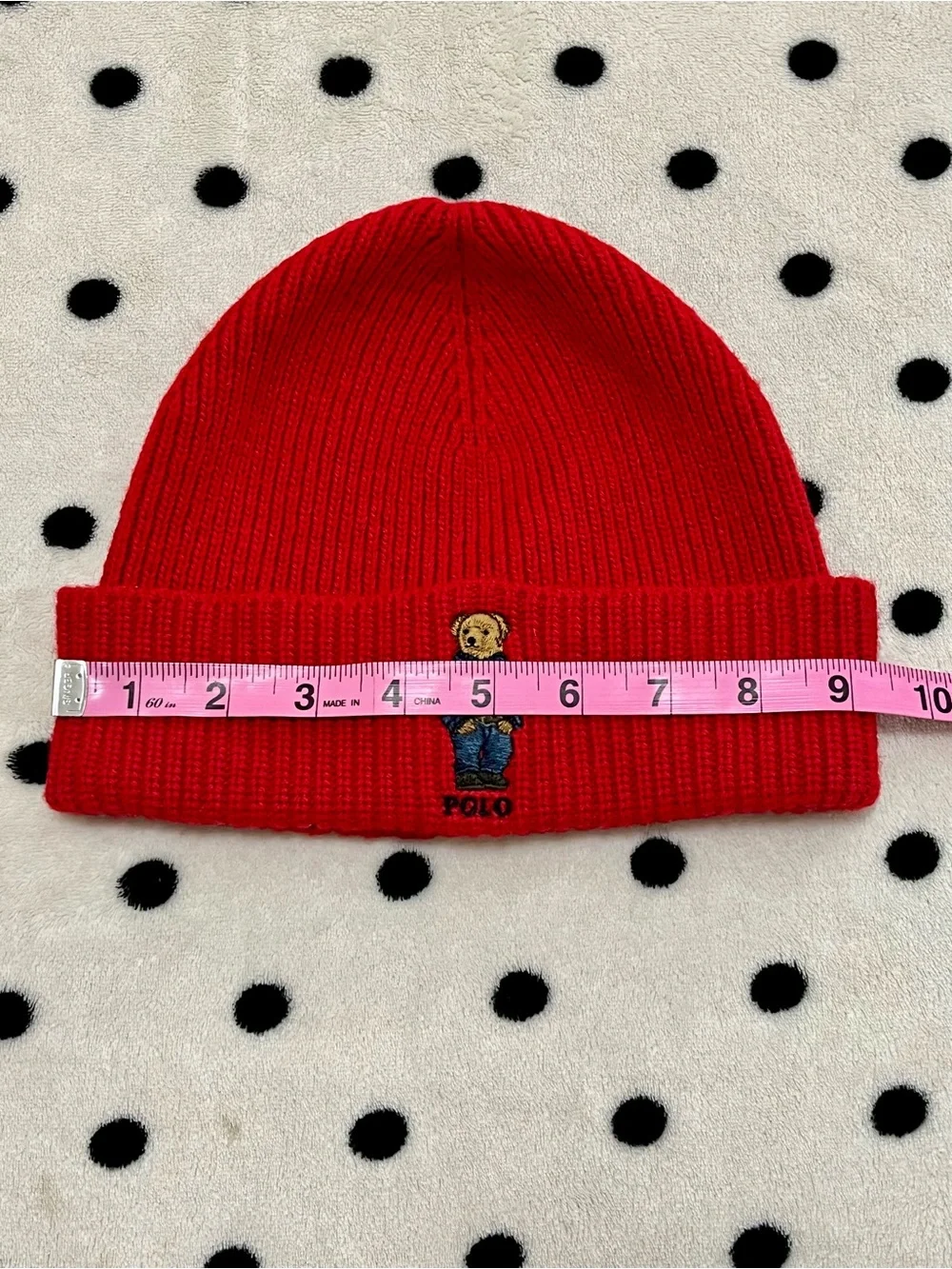 Polo Ralph Lauren Red Solid Denim Bear Beanie Ribbed Knit Winter Hat